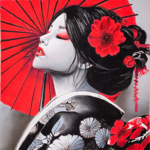 art, arte. ritratto, illustrazione, soft pastels, pastel pencils, portrait, color, realismo, geisha, traditional Japan, red and black