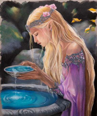 art, arte. ritratto, illustrazione, soft pastels, pastel pencils, portrait, color, realismo, Galadriel, LOTR, Signore degli Anelli, elfo, elf