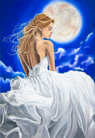 art, arte. ritratto, illustrazione, soft pastels, pastel pencils, portrait, color, realismo, bride, princess, moonlight, planet, clouds, Luna