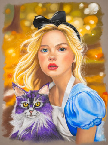 art, arte. ritratto, illustrazione, soft pastels, pastel pencils, portrait, color, realismo, onirico, wonderland, Alice, Stregatto, cheshire cat