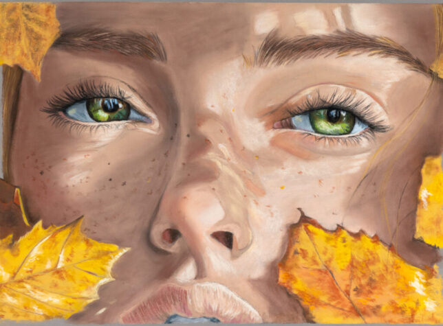 art, arte. ritratto, illustrazione, soft pastels, pastel pencils, portrait, color, realismo, eys, occhi, foglie autunnali, leaves, autunno, autumn
