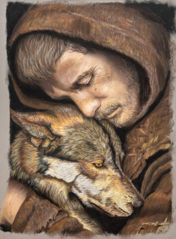 soft pastels, portrait, realism, wolf, arte sacra, San Francesco d'Assisi, lupo, ritratto realistico, realismo