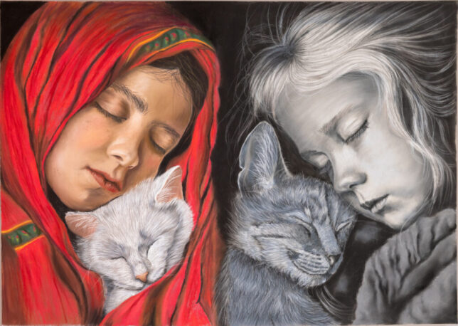 arte, art, disegno, ritratto realistico, portrait, children, bambine, gatti, cats, realism, realistic portrait, soft pastels, pastelli