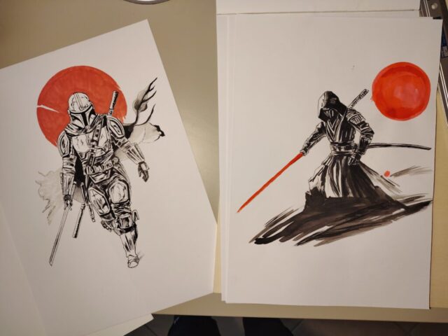 Star Wars, sketch, sketches, bozzetti, ink, china, inchiostro, Mandalorian, Mando, Sith, Dark Side, lightsaber